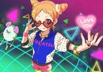  1girl ;q aikatsu! aikatsu!_(series) arisugawa_otome bracelet brown_eyes drill_hair glasses heart heart-shaped_eyewear jewelry linaria_(ookinahitomi) mouse nail_polish necklace one_eye_closed orange_hair polka_dot red-framed_eyewear ring shorts solo text_focus tongue tongue_out triangle twin_drills 