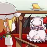  animated animated_gif asymmetrical_wings bat_wings blonde_hair closed_eyes cowering dress ears earthquake fang flandre_scarlet food hands_on_own_head hat indoors lavender_hair lowres mizinkoex mob_cap multiple_girls open_mouth pink_dress pudding red_dress red_eyes remilia_scarlet short_hair short_sleeves side_ponytail squatting touhou trembling ugoira under_table uu~ wings 