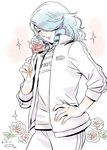  androgynous blue_hair character_name closed_eyes commentary_request cowboy_shot drill_hair flower hand_on_hip jacket lips male_focus mizuhara_aki open_clothes open_jacket pants pisces_aphrodite rose saint_seiya solo sparkle track_jacket track_pants track_suit 