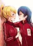  ayase_eli bangs blonde_hair blue_eyes blue_hair blush character_name eye_contact face-to-face jacket long_hair long_sleeves looking_at_another love_live! love_live!_school_idol_project multiple_girls open_mouth ponytail scrunchie sonoda_umi suito sweatdrop track_jacket track_suit upper_body wall_slam yellow_eyes yuri 