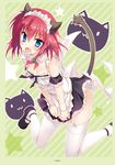  animal_ears animal_print bare_shoulders blue_eyes blush breasts cat_ears cat_print cat_tail cleavage collarbone detached_collar fake_animal_ears fang frills garter_straps hairband hanasaki_work_spring highres looking_at_viewer maid maid_headdress open_mouth shirt_tug small_breasts solo soramori_wakaba tail thighhighs toranosuke uniform white_legwear wrist_cuffs 