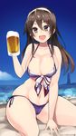  :d adapted_costume alcohol ashigara_(kantai_collection) bangs beach beer beer_mug bikini blue_sky blush breasts brown_eyes brown_hair cameltoe cleavage cloud collarbone cup dated day fang groin hair_between_eyes hairband highres holding holding_cup huge_breasts kantai_collection kuro_chairo_no_neko lighthouse long_hair looking_at_viewer navel ocean open_mouth outdoors paw_print purple_bikini remodel_(kantai_collection) sand seiza side-tie_bikini sitting skindentation sky smile solo swimsuit thighs twitter_username water white_hairband 