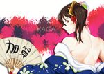  alternate_costume brown_eyes brown_hair commentary english_commentary enka fan folding_fan hair_ornament highres japanese_clothes kaga_(kantai_collection) kaga_cape kantai_collection side_ponytail smile solo wangphing 
