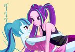  aria_blaze_(eg) blue_hair duo equestria_girls hair my_little_pony pink_eyes ponytail purple_eyes purple_hair sonata_dusk_(eg) 