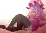  black_legwear capelet crescent dress hat long_hair long_sleeves looking_at_viewer mob_cap open_clothes patchouli_knowledge purple_eyes purple_hair sitting solo striped striped_dress thighhighs touhou watchi wide_sleeves zettai_ryouiki 