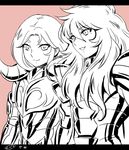  aries_muu armor commentary_request gold_saint letterboxed long_hair male_focus mizuhara_aki mole mole_under_eye monochrome multiple_boys open_mouth pisces_aphrodite saint_seiya simple_background smile upper_body zodiac 