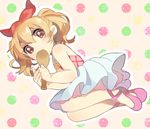  aikatsu! aikatsu!_(series) blonde_hair bow commentary dress hair_bow hairband hoshimiya_ichigo linaria_(ookinahitomi) long_hair looking_at_viewer red_eyes rice_spoon solo twintails younger 