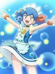  armpits arms_up awa blue_hair dress gradient gradient_background key miette_(pokemon) millefeui_(pokemon) pink_eyes pokemon pokemon_(anime) pokemon_xy solo 