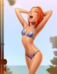  armpits arms_behind_head arms_up beach ben_10 bikini drew_gardner eyes_closed gradient gradient_background gwen_tennyson gwendolyn_tennyson navel open_mouth orange_hair shower small_breasts solo swimsuit tongue wet 