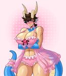  abs anthro big_breasts blue_eyes blue_scales blush breasts brown_hair claws cleavage clothed clothing dragon drakthug fangs female hair horn norael panties solo underwear voluptuous 