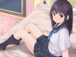  banned_artist black_hair blue_eyes kneehighs long_hair minagiku no_shoes on_bed open_mouth original school_uniform serafuku solo 