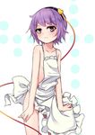  :c apron arai_togami blue_eyes blush cowboy_shot flat_chest frown hairband heart highres komeiji_satori looking_at_viewer naked_apron partially_visible_vulva purple_eyes purple_hair short_hair solo touhou 