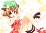  :3 animal_ears bow brown_eyes brown_hair cat_ears cat_tail chen closed_mouth commentary_request green_hat hat mary_janes mob_cap multiple_tails nekomata panties pantyshot pila-pela shoes short_hair short_sleeves solo tail touhou two_tails underwear white_bow white_panties 