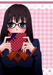  1girl aqua_eyes black_hair blush breasts fate/prototype fate_(series) gift glasses plaid_background present ribbon sajou_ayaka school_uniform short_hair solo 