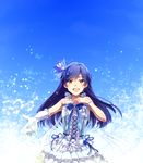  :d anaroguya bangs bare_shoulders beamed_eighth_notes blue blue_background blue_bow blue_hair blue_nails blue_ribbon bow bracelet brown_eyes dress frilled_dress frills gloves hair_ornament hand_on_own_chest highres idolmaster idolmaster_(classic) jewelry kisaragi_chihaya long_hair looking_at_viewer music musical_note nail_polish open_mouth outstretched_hand ribbon singing single_glove sleeveless sleeveless_dress smile solo sparkle swept_bangs white_dress white_gloves 