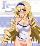  absurdres bare_shoulders blonde_hair blue_eyes blue_hairband blush body_blush bottomless breasts camisole cecilia_alcott cleavage collarbone copyright_name drill_hair finger_to_mouth frills hairband highres infinite_stratos large_breasts lips logo long_hair official_art scan shiny shiny_hair solo yuuki_homura 