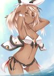  armpits arms_up bad_id bad_pixiv_id bikini bikini_bottom bikini_top blonde_hair dark_skin frilled_bikini frills guilty_gear guilty_gear_xrd hat highres inaba_sunimi midriff navel ramlethal_valentine solo swimsuit water yellow_eyes 