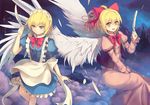  above_clouds angel_wings apron between_legs blonde_hair blue_dress bow breasts castle cloud culter dress feathered_wings feathers floating frilled_dress frills gengetsu grin hair_bow hand_between_legs juliet_sleeves light_particles long_skirt long_sleeves looking_at_viewer maid maid_apron maid_headdress maroon_skirt mugetsu multiple_girls night night_sky open_clothes open_vest pink_dress pointy_ears ponytail puffy_short_sleeves puffy_sleeves ribbon short_dress short_hair short_sleeves siblings single_wing sisters skirt sky small_breasts smile touhou touhou_(pc-98) vest wings yellow_eyes 