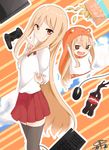  :d absurdres black_legwear blonde_hair bottle brown_eyes chips cola controller doma_umaru double_v dual_persona dualshock food game_console game_controller gamepad hamster_costume highres himouto!_umaru-chan keyboard_(computer) komaru long_hair looking_at_viewer mouse_(computer) multiple_girls open_mouth playstation_4 potato_chips skirt smile soda_bottle thighhighs v yuki_arare zettai_ryouiki 
