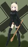  animal_ears black_legwear black_panties blonde_hair blue_eyes boots cat_ears cat_tail commentary_request cosplay gloves green_background heinrike_prinzessin_zu_sayn-wittgenstein heinrike_prinzessin_zu_sayn-wittgenstein_(cosplay) helma_lennartz high_heel_boots high_heels long_hair military military_uniform noble_witches panties panzerfaust patterned_background rasielcochma solo tail thighhighs underwear uniform world_witches_series 