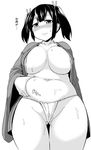  areola_slip areolae belly_grab blush breasts collarbone dutch_angle fundoshi greyscale japanese_clothes kantai_collection large_breasts monochrome navel no_bra plump sama_samasa short_hair solo souryuu_(kantai_collection) sweat twintails two_side_up white_background 