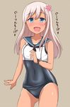  blue_eyes blush check_translation covered_navel crop_top flower hair_flower hair_ornament kantai_collection lavender_hair long_hair looking_at_viewer one-piece_swimsuit one-piece_tan open_mouth ro-500_(kantai_collection) sailor_collar sama_samasa school_swimsuit school_uniform serafuku smile solo swimsuit swimsuit_under_clothes tan tanline translated translation_request 