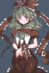  blush frills green_eyes green_hair grey_background hair_ribbon highres kagiyama_hina ribbon solo touhou umi_(umi02) wrist_ribbon 