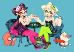  ;d aori_(splatoon) black_hair breasts cat cleavage crossed_legs cup domino_mask earrings food food_on_head fruit gloves green_legwear hair_rings hotaru_(splatoon) jajji-kun_(splatoon) jewelry lemon long_hair mask mole mole_under_eye multiple_girls neruku object_on_head one_eye_closed open_mouth orange_eyes pantyhose pointy_ears purple_legwear short_jumpsuit silver_hair sitting small_breasts smile splatoon_(series) splatoon_1 squid tea teacup tentacle_hair white_gloves 