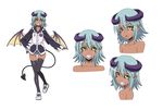  black_sclera blue_hair collarbone concept_art dark_skin demon_girl demon_horns demon_tail demon_wings expressions fang flat_chest full_body green_eyes grin hand_on_hip hood hoodie horns lilith_(monster_musume) long_sleeves monster_musume_no_iru_nichijou multiple_views official_art pointy_ears shoes simple_background slit_pupils smile tail thighhighs white_background wings 