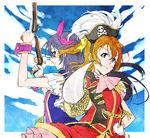  antique_firearm blue_eyes blue_hair brown_hair cuffs dancing_stars_on_me! dual_wielding firearm firelock flintlock gun hair_ribbon hat holding kousaka_honoka kurosuke_(yekyy) long_hair looking_at_viewer love_live! love_live!_school_idol_project multiple_girls pirate_costume pirate_hat ribbon scimitar short_hair skull_and_crossbones sonoda_umi sword weapon wrist_cuffs yellow_eyes 