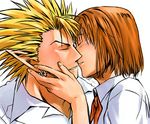  1girl anezaki_mamori blonde_hair brown_hair closed_eyes couple earrings eyeshield_21 hetero hiruma_youichi imminent_kiss jewelry pointy_ears sakurai_muto school_uniform short_hair 