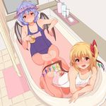  bare_shoulders bath bathing bathtub blush bow covered_navel fang flandre_scarlet hair_bow highres inari_(inariya) looking_at_viewer multicolored multicolored_wings multiple_girls old_school_swimsuit one-piece_swimsuit open_mouth partially_submerged pointy_ears protected_link remilia_scarlet rubber_duck school_swimsuit shared_bathing short_hair siblings sisters smile sweat swimsuit touhou white_school_swimsuit white_swimsuit wings 