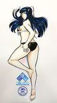  ass barefoot bikini black_hair blue_eyes breasts dakimakura eyebrows feet full_body hair_ornament hairclip hand_on_ass jeffrey_cruz kill_la_kill kiryuuin_satsuki long_hair looking_back lying marker_(medium) medium_breasts on_stomach sideboob soles solo swimsuit toes traditional_media 