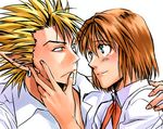  1girl anezaki_mamori blonde_hair blue_eyes brown_hair couple earrings eyeshield_21 hetero hiruma_youichi jewelry light_smile looking_at_another pointy_ears sakurai_muto school_uniform short_hair 