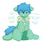  animal_genitalia balls blue_hair blus bottomless clothed clothing cutie_mark english_text eyewear fan_character feral fur glasses green_fur hair half-dressed hoodie horsecock jacket male my_little_pony penis sitting sweat sweater tears text zonkpunch 
