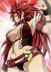  black_panties breasts earrings female gradient gradient_background highres jewelry large_breasts long_hair panties purple_eyes queen&#039;s_blade queen's_blade red_hair risty shield smile solo standing stitched underwear 