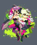  2girls abitu aori_(splatoon) black_hair breasts cleavage detached_collar domino_mask dress earrings fangs food food_on_head green_legwear hair_rings hotaru_(splatoon) jewelry long_hair mask mole mole_under_eye multiple_girls object_on_head orange_eyes pantyhose pointy_ears purple_legwear short_hair short_jumpsuit small_breasts splatoon_(series) splatoon_1 strapless strapless_dress sushi 