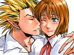  1girl anezaki_mamori blonde_hair blue_eyes brown_hair cheek_kiss closed_eyes couple earrings eyeshield_21 hetero hiruma_youichi jewelry kiss one_eye_closed pointy_ears sakurai_muto school_uniform short_hair 