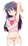  1girl ageha_(kyoukai_no_rinne) armpits black_hair blush breasts cum kyoukai_no_rinne long_hair navel panties purple_eyes pussy ribbon school_uniform simple_background smile solo thighhighs underwear 