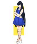  black_hair blue_dress blue_eyes casual chris_re5 crossed_ankles dress eyebrows full_body highres holding_arm jitome kill_la_kill kiryuuin_satsuki long_hair looking_at_viewer pumps shoes signature simple_background solo standing thick_eyebrows very_long_hair white_footwear 