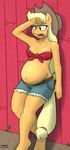  2015 anthro anthrofied applejack_(mlp) belt blonde_hair clothed clothing cowboy_hat denim_shorts earth_pony equine female freckles friendship_is_magic green_eyes hair hat hi_res horse long_hair mammal my_little_pony navel open_mouth pony pregnant shorts solo strangerdanger 