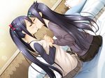  aida_takanobu black_legwear blue_hair blush casual closed_eyes hair_ornament hairclip hairpin incest indoors interlocked_fingers kimishima_ai kimishima_aya kiss long_hair long_sleeves multiple_girls on_bed pleated_skirt siblings sisters skirt sono_hanabira_ni_kuchizuke_wo thighhighs twincest twins twintails yuri 