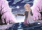  blonde_hair blue_eyes cherry_blossoms cloud detached_sleeves gradient_hair highres ia_(vocaloid) long_hair moon multicolored_hair night pink_hair pleated_skirt reflection skirt solo tsuhiki_koyomi very_long_hair vocaloid wading water 