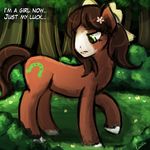  2015 cowboy_hat crossgender cutie_mark dialogue english_text equine female flower forest friendship_is_magic hat horse luminaura mammal my_little_pony plant pony solo text tree troubleshoes_(mlp) 