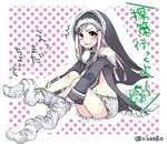  blue_eyes blush chipper_(ole_tower) looking_at_viewer ole_tower pantyhose pantyhose_pull silver_hair solo undressing white_legwear 