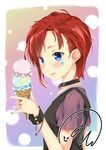  :&gt; bad_id bad_pixiv_id bangs blue_eyes blush bracelet choker double_scoop food from_side highres holding ice_cream ice_cream_cone idolmaster idolmaster_million_live! jewelry julia_(idolmaster) licking_lips nail_polish nishimi_shin punk red_hair short_hair short_sleeves signature skull solo standing star swept_bangs tongue tongue_out vest wrist_cuffs 