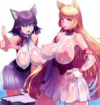  absurdres animal_ears bad_id bad_pixiv_id blonde_hair blue_eyes breasts cat_ears covered_nipples doku-chan_(dokkudokudoku) fang hanging_breasts highres huge_breasts impossible_clothes lips long_hair looking_at_viewer multiple_girls nipples open_mouth original pointing pointing_at_viewer purple_hair see-through shiny shiny_skin shirt short_hair skirt wet wet_clothes wet_shirt 