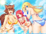  animal_ears antenna_hair ass ball beachball bikini blazblue blonde_hair breasts brown_eyes brown_hair butt_crack cleavage closed_eyes green_eyes large_breasts long_hair makoto_nanaya multiple_girls noel_vermillion ocean red_eyes red_hair sho2 short_hair side-tie_bikini small_breasts splashing squirrel_ears squirrel_tail swimsuit tail tsubaki_yayoi underboob wading wet 