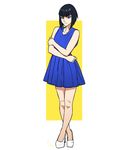  alternate_hair_length alternate_hairstyle black_hair blue_dress blue_eyes bob_cut casual chris_re5 crossed_ankles dress eyebrows full_body highres holding_arm jitome kill_la_kill kiryuuin_satsuki looking_at_viewer pumps shoes short_hair signature simple_background solo standing thick_eyebrows white_footwear 