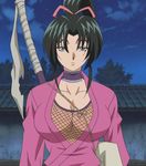  1girl black_eyes black_hair breasts cleavage cloud female fishnets kousaka_shigure large_breasts looking_at_viewer night screencap shijou_saikyou_no_deshi_ken&#039;ichi shijou_saikyou_no_deshi_ken'ichi solo stitched upper_body 
